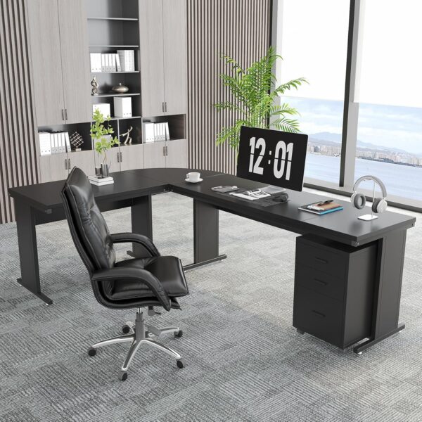 Tribesigns L-Shaped Executive Desk with File Cabinet, 83 Inch Large Corner Computer Desk with Drawers, Industrial Business Furniture Work Desk for Home Office (Black)