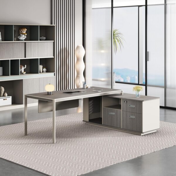 71-Inch Modern Executive Office Desk, L-Shaped Executive Desk with Cabinet and Storage Shelves, Large Writing Table Business Furniture Set for Home Office