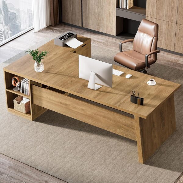 Tribesigns 78" L Shaped Desk with Drawers, Large Executive Office Desk with File Cabinet and Shelves, Modern Corner Computer Desk with Storage Shelves Business Furniture for Home Office, Brown