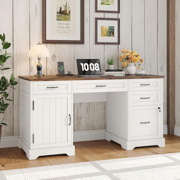 Whalefall 55'' Farmhouse Desk Home Office with Drawers, Executive Computer Desk Wooden with File Cabinet and Charging Station, White