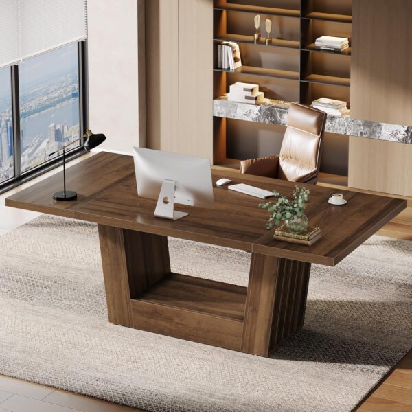 Tribesigns 63-inch Executive Office Desk, Modern Computer Home Office Desk with Robust Base, Large Wooden Writing Conference Table Business Workstation for Home Office, Walnut Brown
