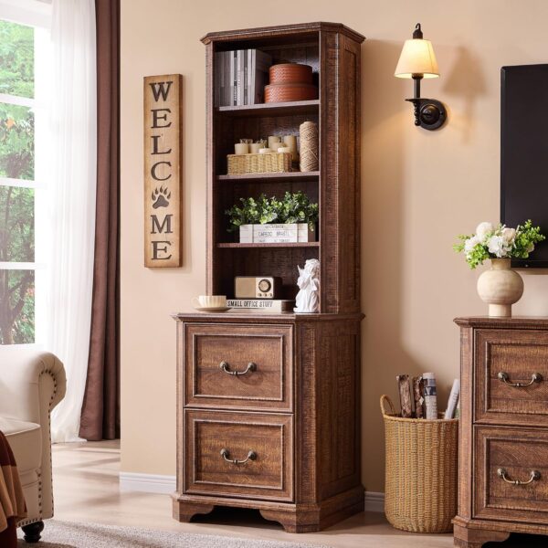 T4TREAM 6-Tier Bookcase with 2 File Drawers, 72" Tall Farmhouse Bookshelf with Storage & Adjustable Shelves, Wooden Floor Standing Display Book Shelf Organizer for Home Office, Reclaimed Barnwood