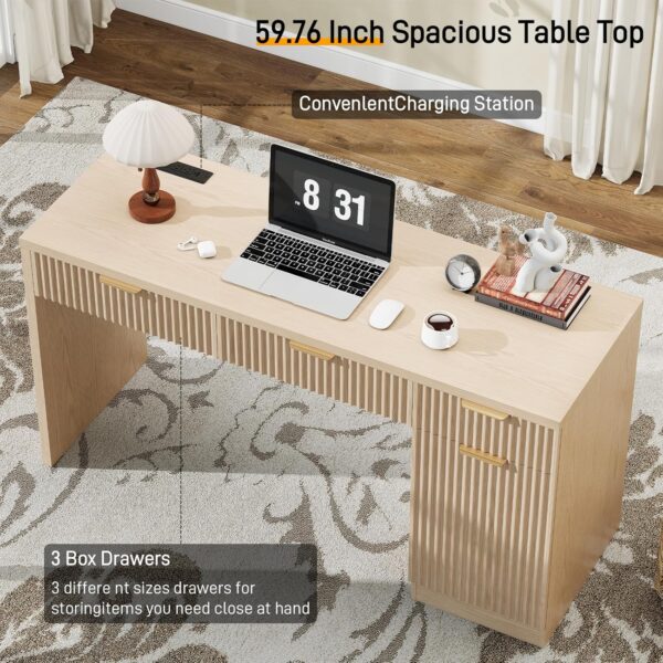 60" Executive Desk with Fluted Drawers, Wood Home Office Desk with Storage Cabinet, Charging Station, Fluted Computer Writing Desk for Study, Living Room, Natural Oak.