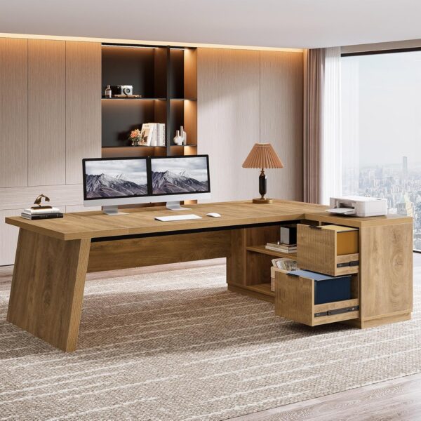 Tribesigns 78" L Shaped Desk with Drawers, Large Executive Office Desk with File Cabinet and Shelves, Modern Corner Computer Desk with Storage Shelves Business Furniture for Home Office, Brown