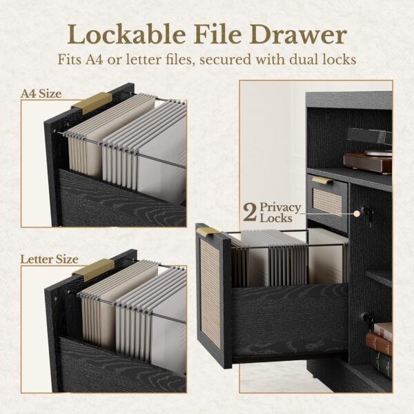 Home Office Furniture Set, 70" Standing Desk with 4 Drawer File Cabinet and 73'' Bookcase, Executive Desk with AC/USB, Tall Bookshelf with Drawers, Rattan Style Balck
