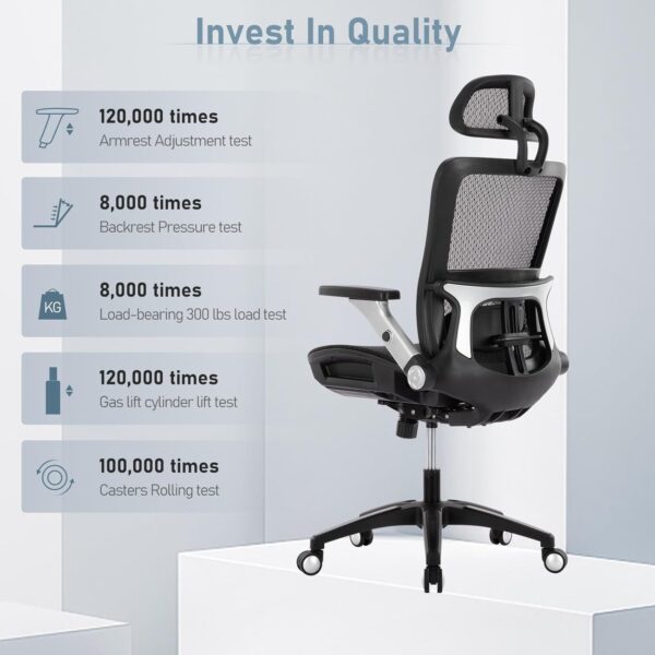 Ergonomic Mesh Office Chair with Footrest, High Back Executive Desk Chair with Adjustable Lumbar Support, Headrest and Tilt Lock, 4D Flip-up Arm-Black