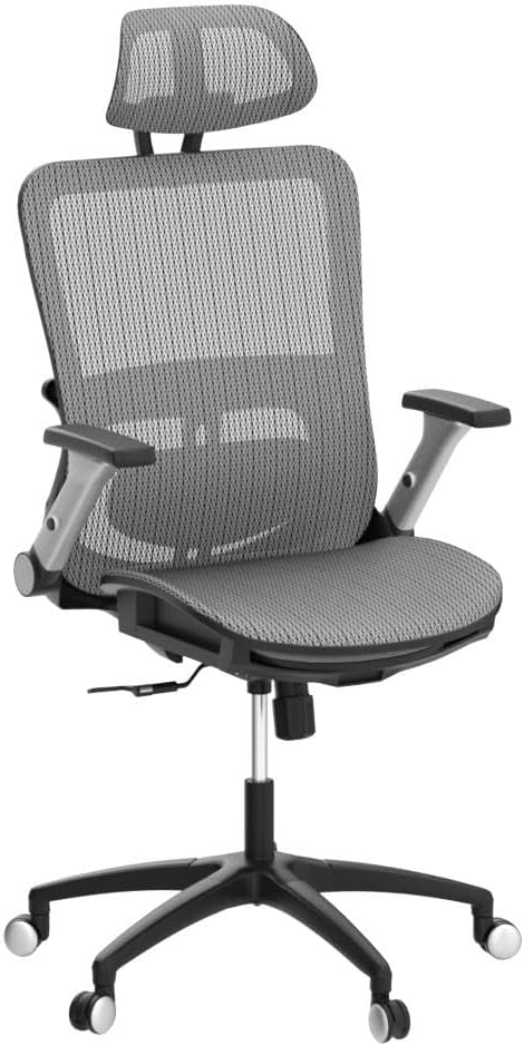 COLAMY Ergonomic Mesh Office Chair with Footrest, High Back Computer Executive Desk Chair with Headrest and 4D Flip-up Armrests, Adjustable Tilt Lock and Lumbar Support-Grey