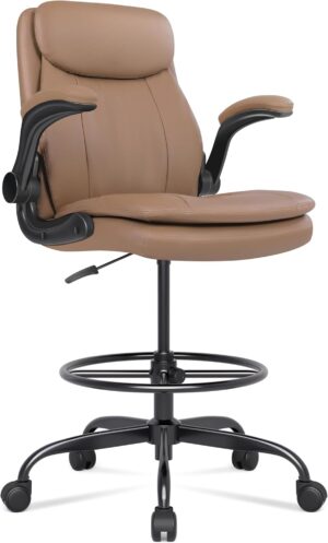 Misolant Leather Drafting Chair, Tall Office Chair for Standing Desk, High Executive Office Chair with Adjustable Height and Flip-up Armrest for Counter Height Desk
