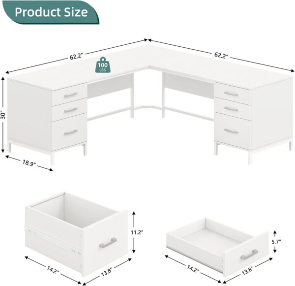 TVU 59’’ L Shaped Desk with 6 Drawers, Large Home Office Corner Computer Desk with Storage File Cabinet, Modern Metal Wood Desk for Executive Writing Study Workstation (White)