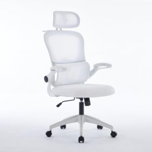 Ergonomic Mesh Office Chair, 400 lbs Capacity, High Back Desk Chair with Adjustable Lumbar Support, 3D Headrest, Flip-Up Armrests, and PU Wheels for Long Workdays and Home Office (White)