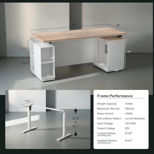 71" Standing Executive Desk with Privacy Panel, Large One-Piece Electric Height Adjustable Stand Up Desk with Charging Station, File Cabinet Storage, Home and Office, Light Walnut