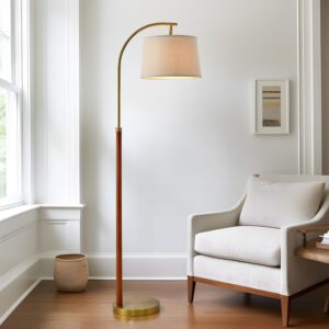 62.5" Wood Floor Lamp for Living Room Gold with Foot Switch Arc Standing Tall Lamps for Bedroom Mid Century Modern Corner Floor Lamps for Office Nursery Industrial Reading Light Room Lamp
