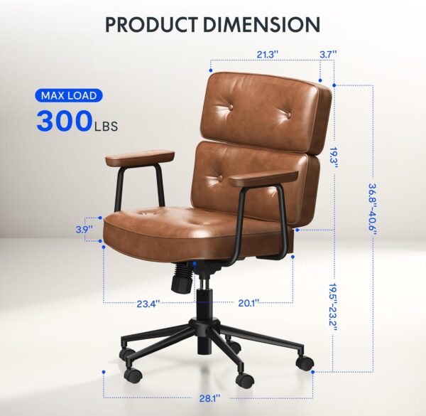 FLEXISPOT Home Office Desk Chair, 23.4 * 20.1in Wide Comfy Office Chairs，Vanity Chair with Back/Soft Armrest/300 Heavy Duty/Wheels, Makeup Chair for Vanity Desk, Leather Seat, Rustic Brown
