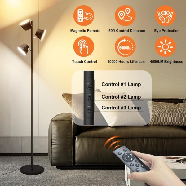 42W 4500 Lumens Super Bright LED Tree Floor Lamp for Living Rome with Remote & Touch Control, 4 Color Temperatures, Modern Stepless Dimmable 3 Rotatable Light Standing Floor Lamps for Bedroom, Black