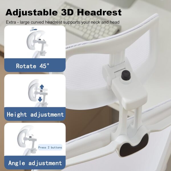 Ergonomic Mesh Office Chair, 400 lbs Capacity, High Back Desk Chair with Adjustable Lumbar Support, 3D Headrest, Flip-Up Armrests, and PU Wheels for Long Workdays and Home Office (White)