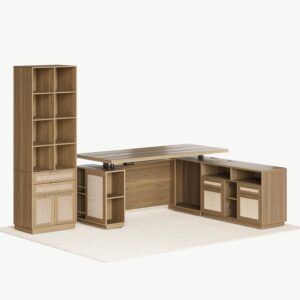 Home Office Furniture Set, 70" Standing Desk with 4 Drawer File Cabinet and 73'' Bookcase, Executive Desk with AC/USB, Tall Bookshelf with Drawers, Rattan Style Natural Oak