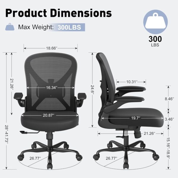 Mesh Office Chair with Adjustable Lumbar Support, Ergonomic Home Office Desk Chair with Wheels and Flip-up Arms, Black