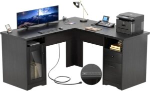 Unikito L Shaped Office Desk with Drawer, 60 Inch Computer Desk with Power Outlet & USB Charging Port, Large Corner Desk with File Cabinets, 2 Person Sturdy Executive Desk with Storage Cabinet, Black
