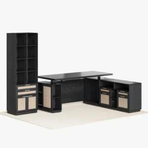 Home Office Furniture Set, 70" Standing Desk with 4 Drawer File Cabinet and 73'' Bookcase, Executive Desk with AC/USB, Tall Bookshelf with Drawers, Rattan Style Balck
