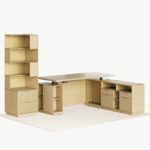 Home Office Furniture Set, 70" Standing Desk with 4 Drawer File Cabinet and Corner Bookcase, Executive Desk with AC/USB, Bookshelf with Drawers, Fluted Style Light Walnut