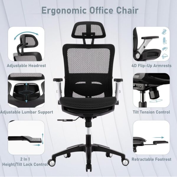 COLAMY Executive Mesh Office Chair with Footrest, Ergonomic Chair High Back with Adjustable Lumbar Support, Computer Desk Chair for Office/Work-Black