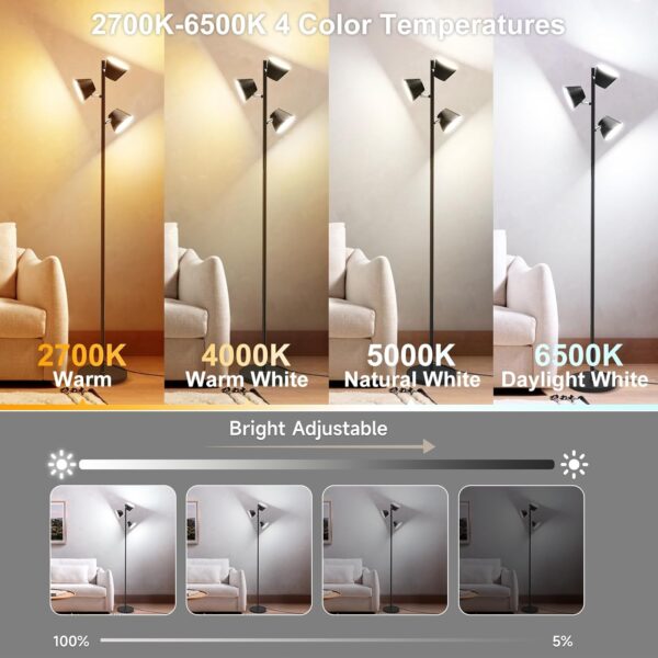 42W 4500 Lumens Super Bright LED Tree Floor Lamp for Living Rome with Remote & Touch Control, 4 Color Temperatures, Modern Stepless Dimmable 3 Rotatable Light Standing Floor Lamps for Bedroom, Black