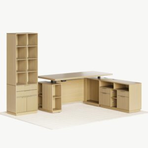 Home Office Furniture Set, 70" Standing Desk with 4 Drawer File Cabinet and 73'' Bookcase, Executive Desk with AC/USB, Tall Bookshelf with Drawers, Fluted Style Light Walnut