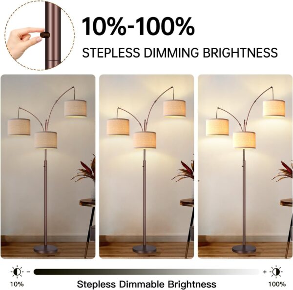 Dimmable Floor Lamp, 3 Lights Brown Arc Floor Lamps for Living Room, Modern Tall Standing Tree Lamp with Beige Linen Shade & Heavy Base, Large Floor Lamp for Bedroom Office, 3x1000 LM Bulbs Included