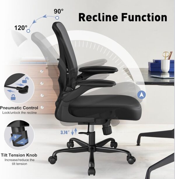 Mesh Office Chair with Adjustable Lumbar Support, Ergonomic Home Office Desk Chair with Wheels and Flip-up Arms, Black