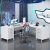 TVU 59’’ L Shaped Desk with 6 Drawers, Large Home Office Corner Computer Desk with Storage File Cabinet, Modern Metal Wood Desk for Executive Writing Study Workstation (White)