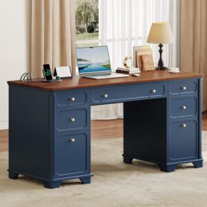 YITAHOME Executive Desk with Power Outlets, 59" Farmhouse Computer Desk with Drawers, Home Office Desks with File Cabinet & Keyboard Tray, Workspace for Work Study Writing, Walnut & Navy Blue
