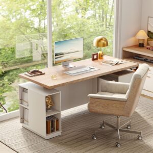 71" Standing Executive Desk with Privacy Panel, Large One-Piece Electric Height Adjustable Stand Up Desk with Charging Station, File Cabinet Storage, Home and Office, Light Walnut