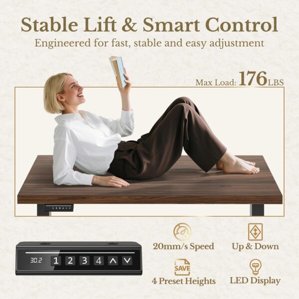 70" Standing Desk with Storage, Executive Height Adjustable Desk with AC/USB and Privacy Panel, Large One-Piece Destop, Fluted Computer Desk for Home Office, Black Walnut