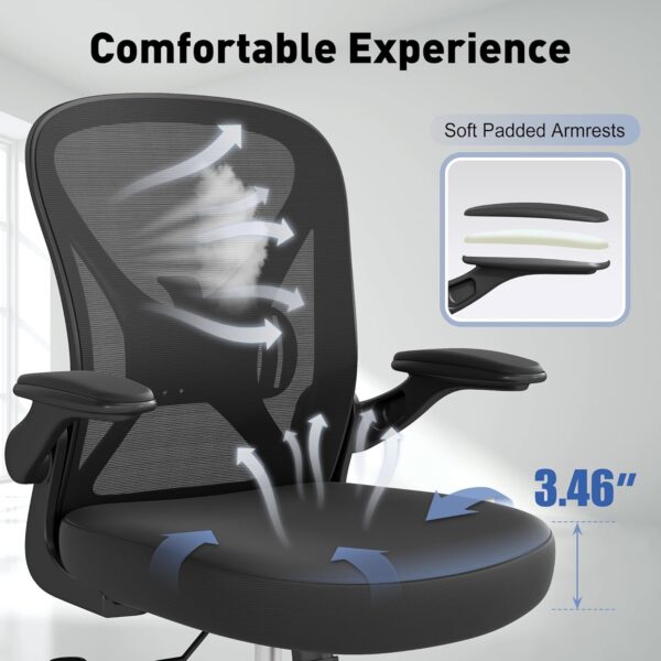 Mesh Office Chair with Adjustable Lumbar Support, Ergonomic Home Office Desk Chair with Wheels and Flip-up Arms, Black