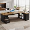 Tribesigns 85.8-Inch L-Shaped Executive Desk, Extra Large Modern Office Desk with File Drawers, Door Cabinet & Shelves, Commercial Office Table, Home Business Workstation, Brown & Black