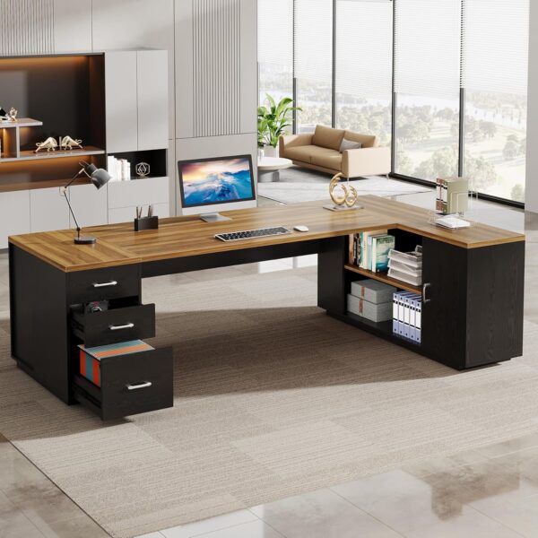 Tribesigns 85.8-Inch L-Shaped Executive Desk, Extra Large Modern Office Desk with File Drawers, Door Cabinet & Shelves, Commercial Office Table, Home Business Workstation, Brown & Black