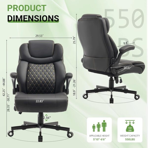550LBS Big and Tall Office Chair with Air-Adjust Lumbar Support for Back Pain,Breathable PU Leather Desk Computer Chair Double Space Caster Safe for All Floors,Wide Cushion Executive Home Office Chair