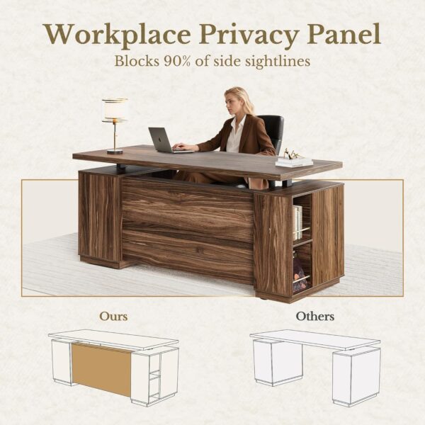 70" Standing Desk with Storage, Executive Height Adjustable Desk with AC/USB and Privacy Panel, Large One-Piece Destop, Fluted Computer Desk for Home Office, Black Walnut