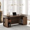 70" Standing Desk with Storage, Executive Height Adjustable Desk with AC/USB and Privacy Panel, Large One-Piece Destop, Fluted Computer Desk for Home Office, Black Walnut