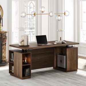 70" Standing Desk with Storage, Executive Height Adjustable Desk with AC/USB and Privacy Panel, Large One-Piece Destop, Fluted Computer Desk for Home Office, Black Walnut