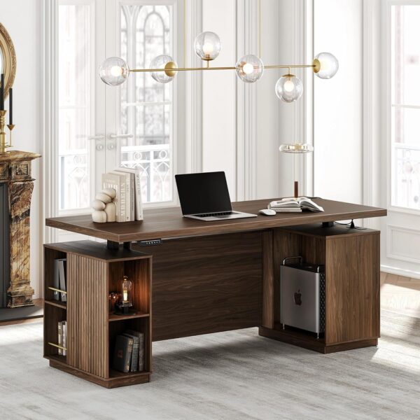 70" Standing Desk with Storage, Executive Height Adjustable Desk with AC/USB and Privacy Panel, Large One-Piece Destop, Fluted Computer Desk for Home Office, Black Walnut