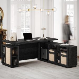70" Standing Desk with File Cabinet, L Shaped Electric Height Adjustable Desk with AC/USB，Privacy Panel, Computer Executive Corner Table for Home and Office, Black