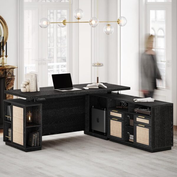 70" Standing Desk with File Cabinet, L Shaped Electric Height Adjustable Desk with AC/USB，Privacy Panel, Computer Executive Corner Table for Home and Office, Black