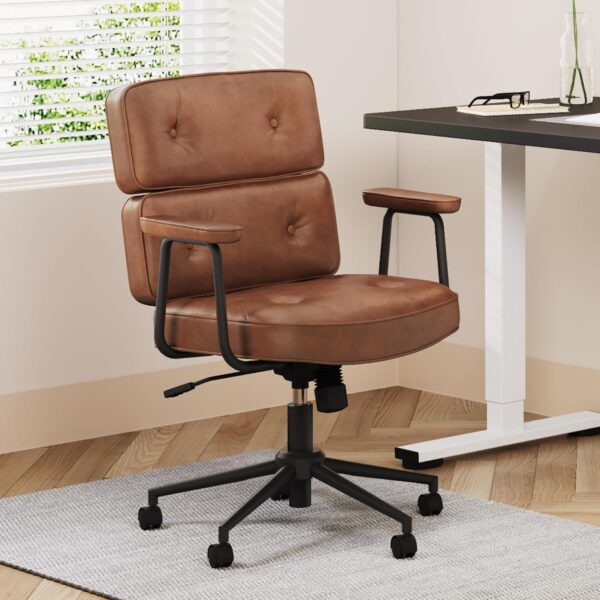 FLEXISPOT Home Office Desk Chair, 23.4 * 20.1in Wide Comfy Office Chairs，Vanity Chair with Back/Soft Armrest/300 Heavy Duty/Wheels, Makeup Chair for Vanity Desk, Leather Seat, Rustic Brown