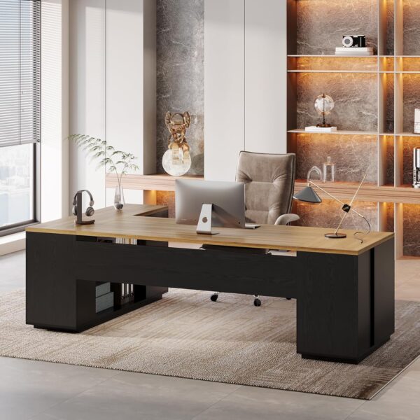 Tribesigns 85.8-Inch L-Shaped Executive Desk, Extra Large Modern Office Desk with File Drawers, Door Cabinet & Shelves, Commercial Office Table, Home Business Workstation, Brown & Black