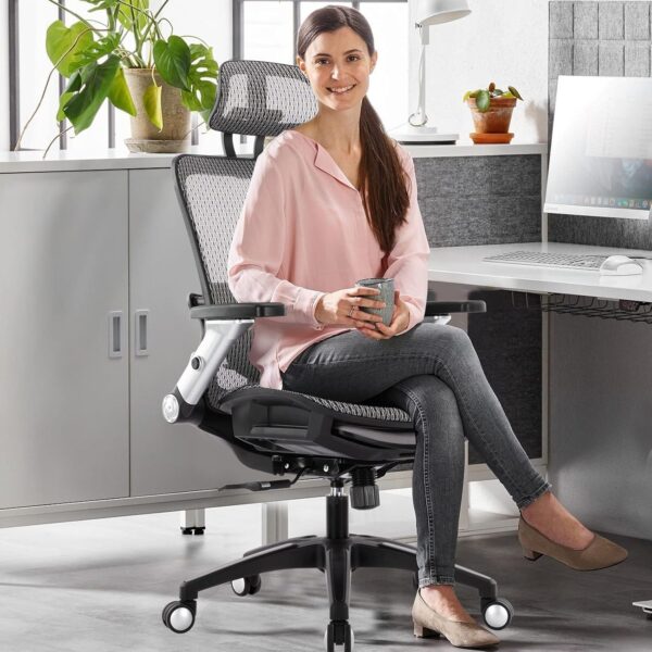 COLAMY Ergonomic Mesh Office Chair with Footrest, High Back Computer Executive Desk Chair with Headrest and 4D Flip-up Armrests, Adjustable Tilt Lock and Lumbar Support-Grey