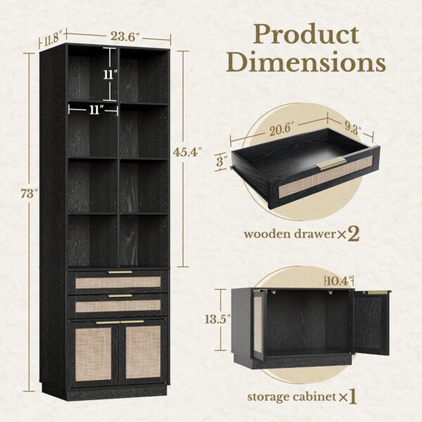 Home Office Furniture Set, 70" Standing Desk with 4 Drawer File Cabinet and 73'' Bookcase, Executive Desk with AC/USB, Tall Bookshelf with Drawers, Rattan Style Balck