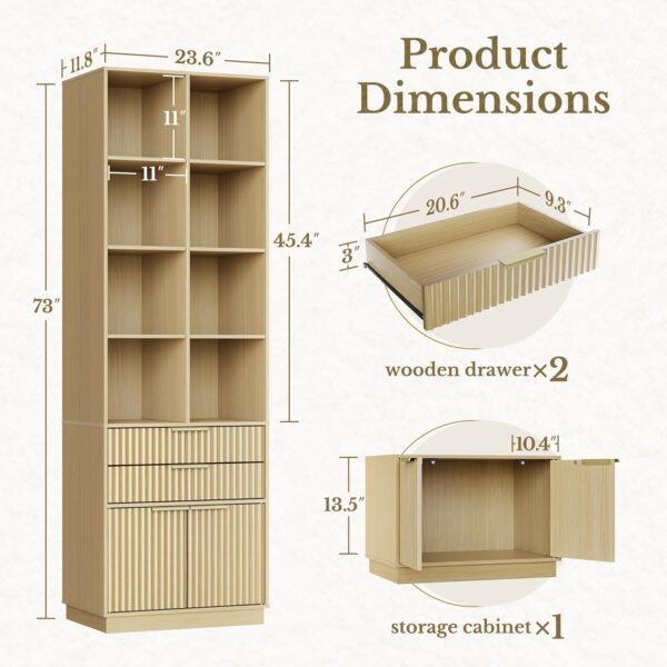 Home Office Furniture Set, 70" Standing Desk with 4 Drawer File Cabinet and 73'' Bookcase, Executive Desk with AC/USB, Tall Bookshelf with Drawers, Fluted Style Light Walnut