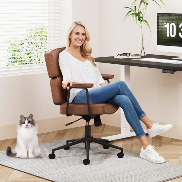 FLEXISPOT Home Office Desk Chair, 23.4 * 20.1in Wide Comfy Office Chairs，Vanity Chair with Back/Soft Armrest/300 Heavy Duty/Wheels, Makeup Chair for Vanity Desk, Leather Seat, Rustic Brown
