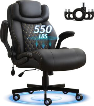 550LBS Big and Tall Office Chair with Air-Adjust Lumbar Support for Back Pain,Breathable PU Leather Desk Computer Chair Double Space Caster Safe for All Floors,Wide Cushion Executive Home Office Chair